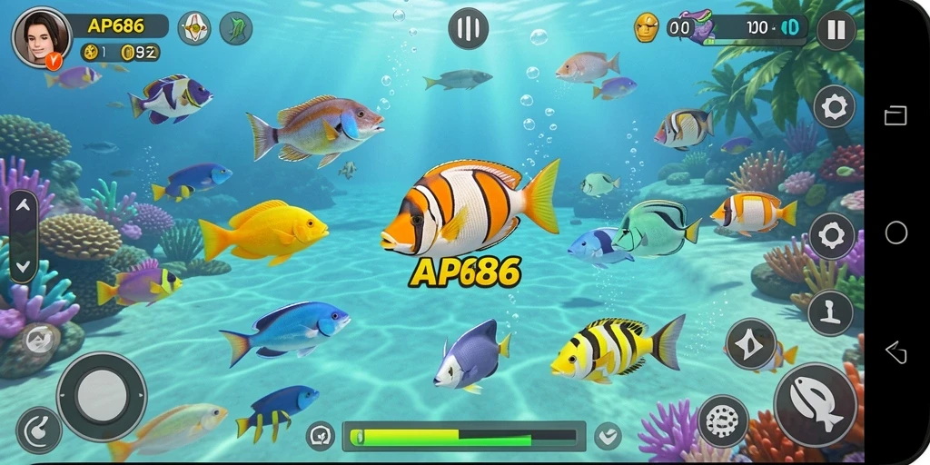Gameplay seru AP686 dengan berbagai ikan untuk ditembak.
