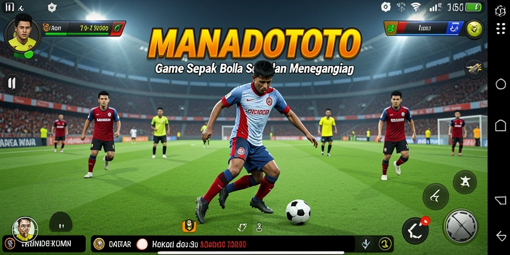 Tangkapan layar dari gameplay MANADOTOTO yang menampilkan aksi seru pertandingan sepak bola.