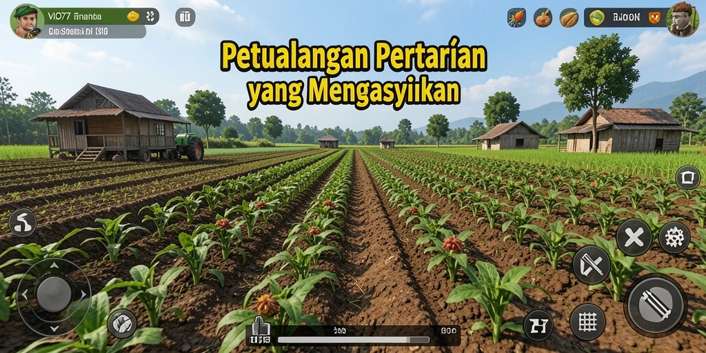 Screenshot utama VIO77 menampilkan aktivitas bertani yang seru dan interaksi dengan hewan.